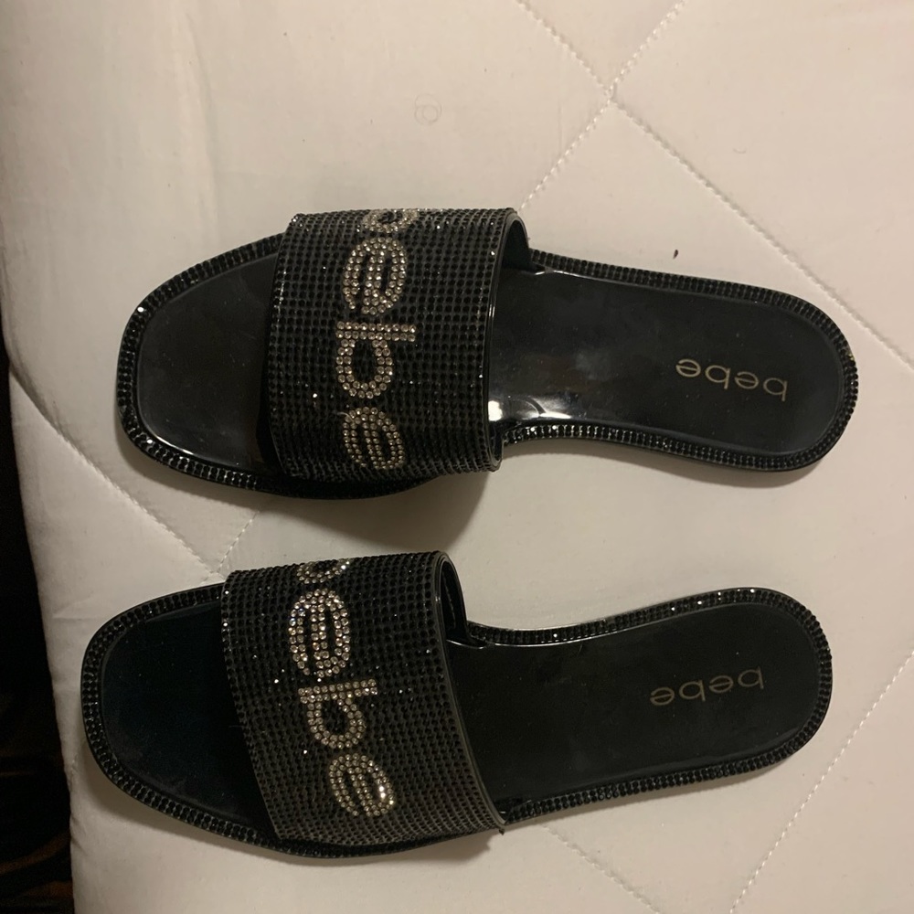 Black patent sequin slides